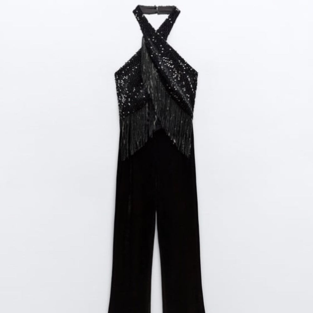 ZARA SEQUINNED HALTER JUMPSUIT WITH FRINGING BLACK FW24 SIZE m